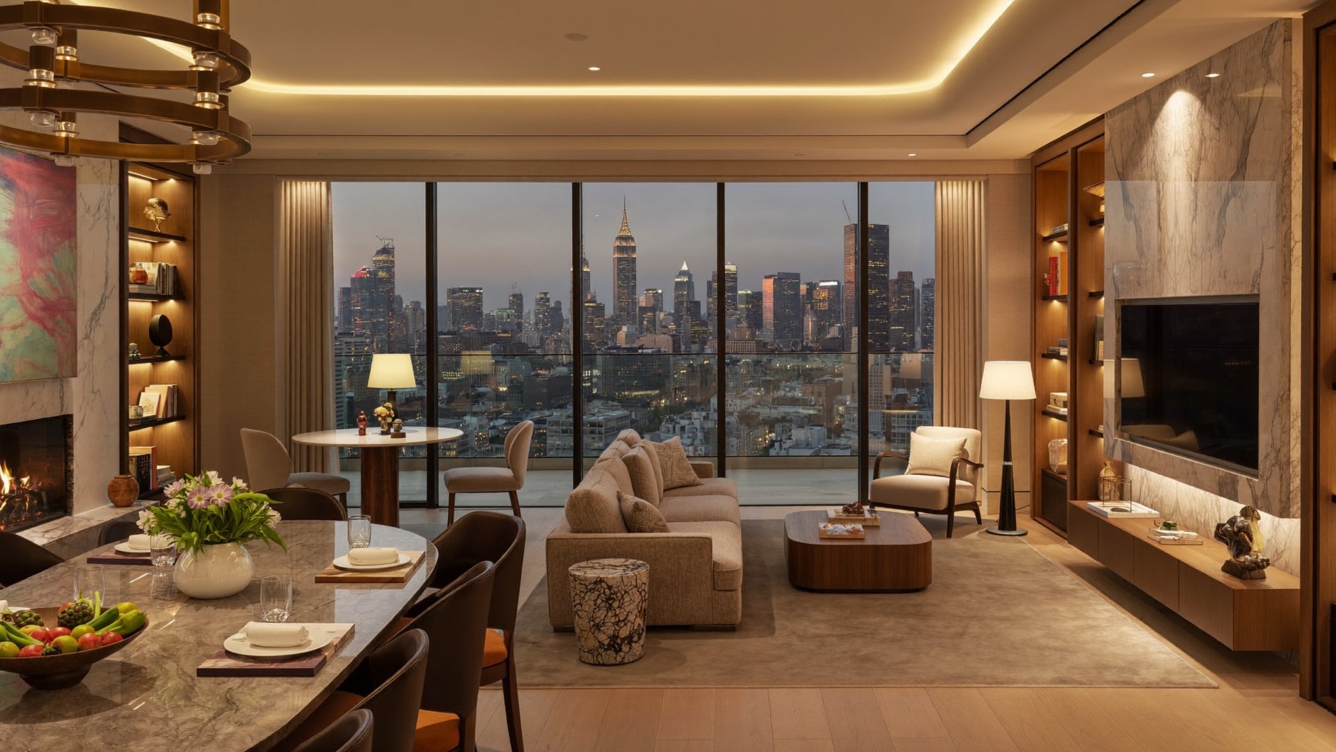 Penthouse-Interieur mit Blick über die Stadt